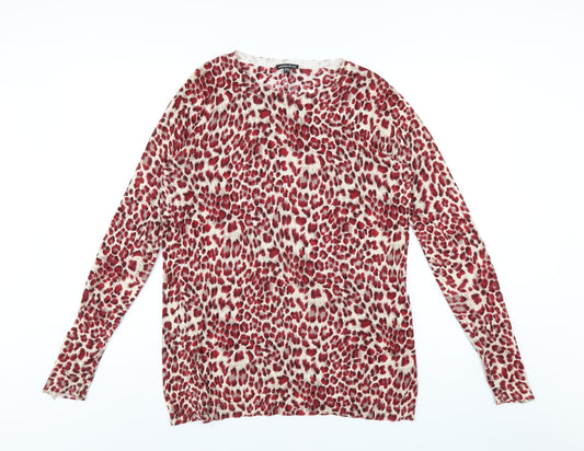 Warehouse Womens Red Crew Neck Animal Print Cotton Pullover Jumper Size 14