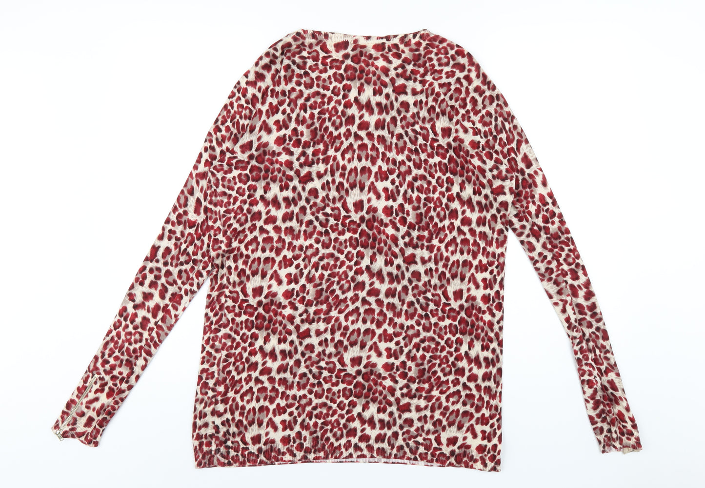 Warehouse Womens Red Crew Neck Animal Print Cotton Pullover Jumper Size 14