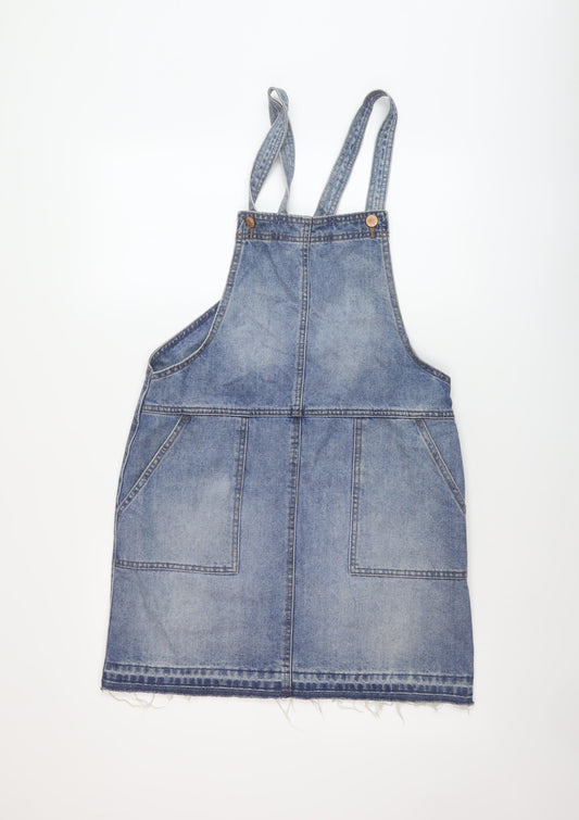 Matalan Womens Blue Cotton Pinafore/Dungaree Dress Size 10 Square Neck Button