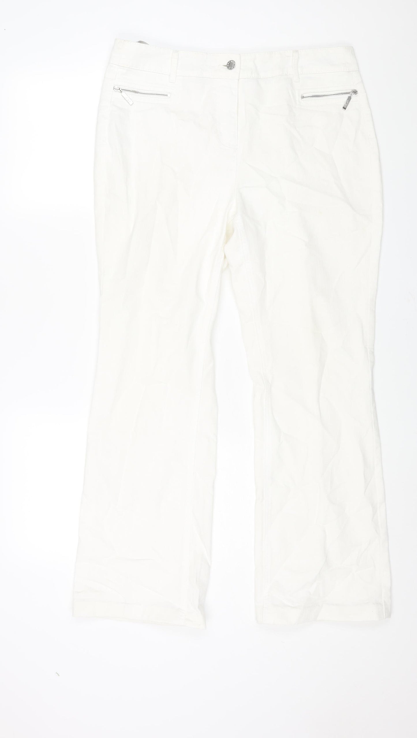 Per Una Womens White Cotton Trousers Size 14 L29 in Regular Zip