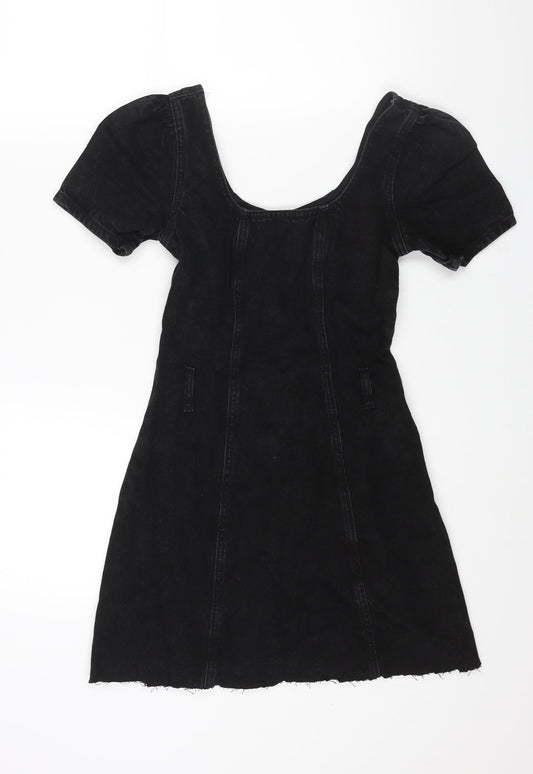 Denim & Co. Womens Black Cotton A-Line Size 6 Scoop Neck Zip - Raw Hem