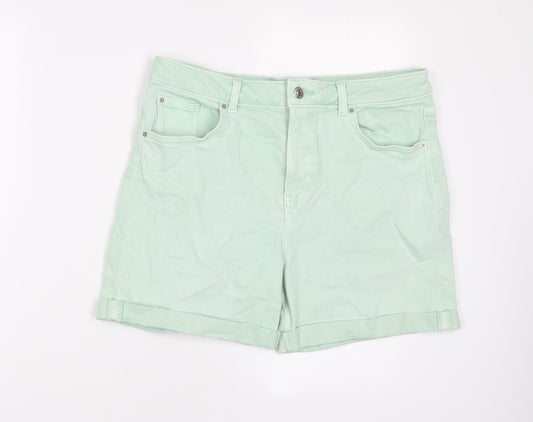 Marks and Spencer Womens Green Cotton Boyfriend Shorts Size 12 L4 in Regular Zip