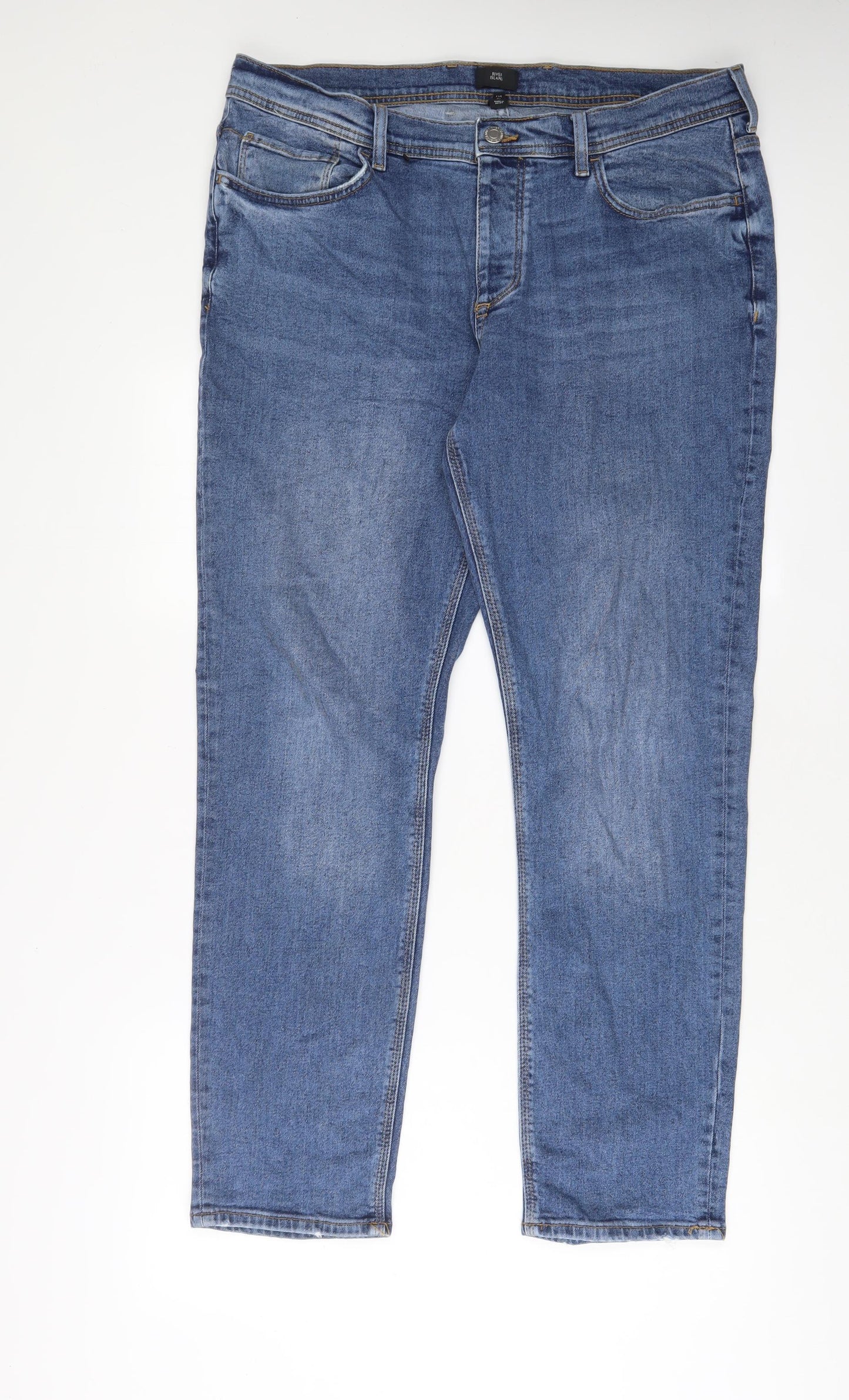 River Island Mens Blue Cotton Straight Jeans Size 36 in L32 in Regular Button