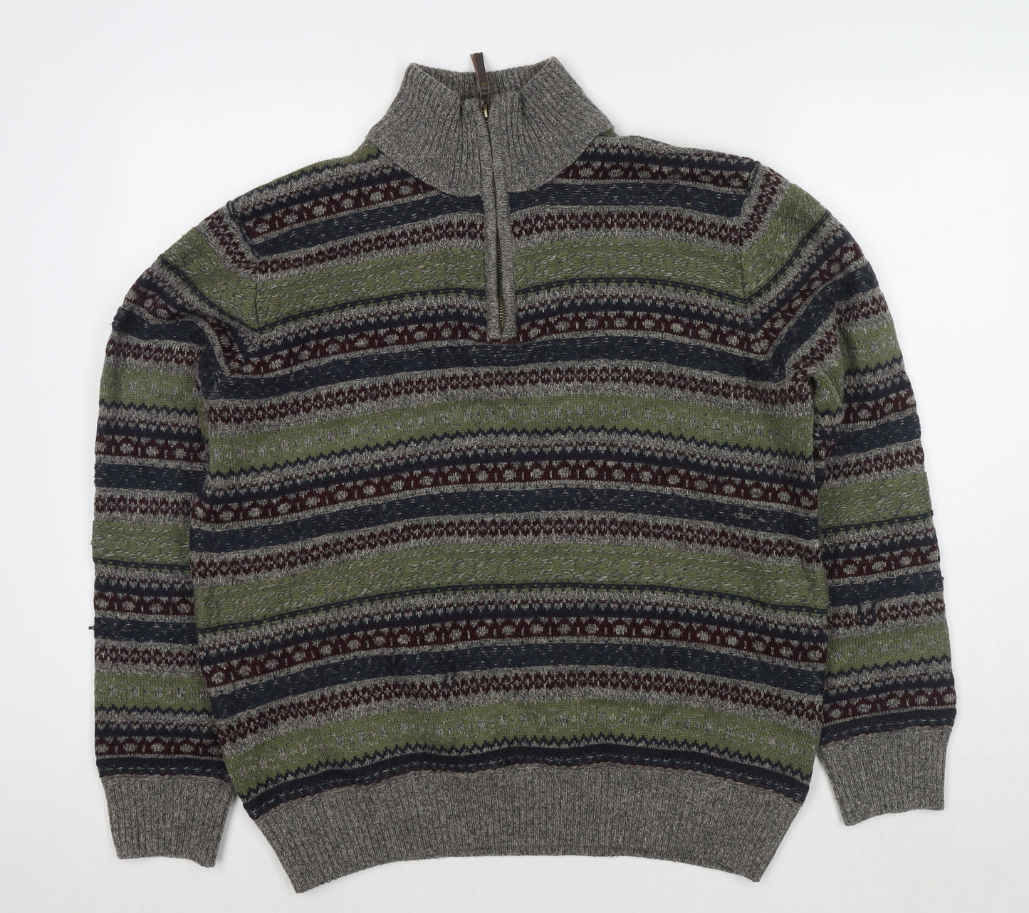 MANTARAY PRODUCTS Mens Green Mock Neck Fair Isle Acrylic Pullover Jumper Size L Long Sleeve