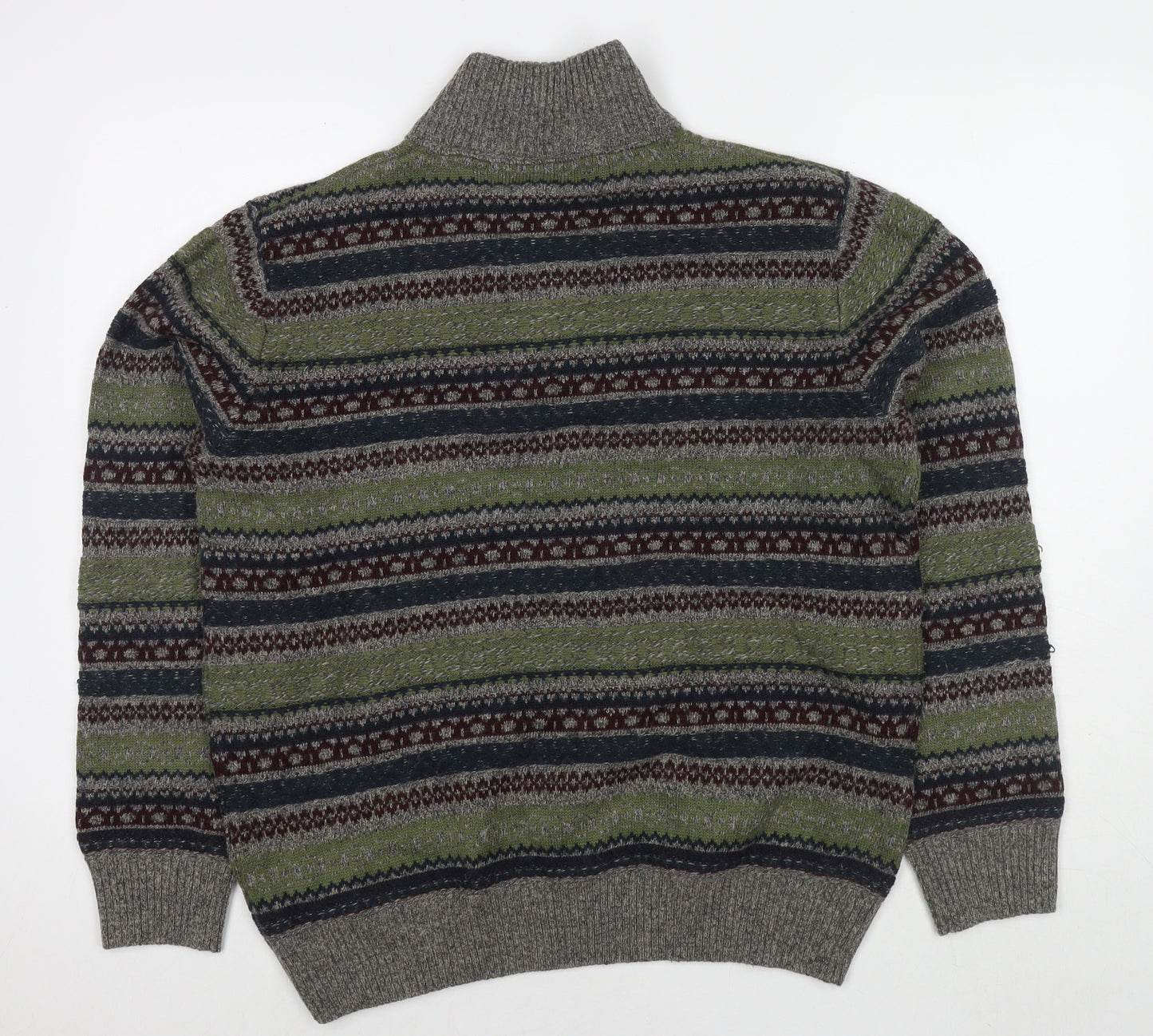 MANTARAY PRODUCTS Mens Green Mock Neck Fair Isle Acrylic Pullover Jumper Size L Long Sleeve