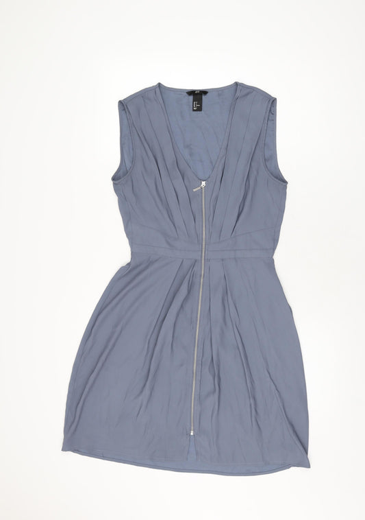 H&M Womens Blue Polyester Skater Dress Size 8 V-Neck Zip