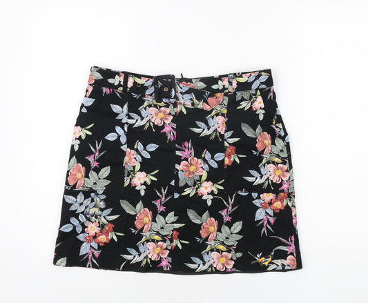 Oasis Womens Black Floral Cotton Mini Skirt Size 12 Zip - Belted