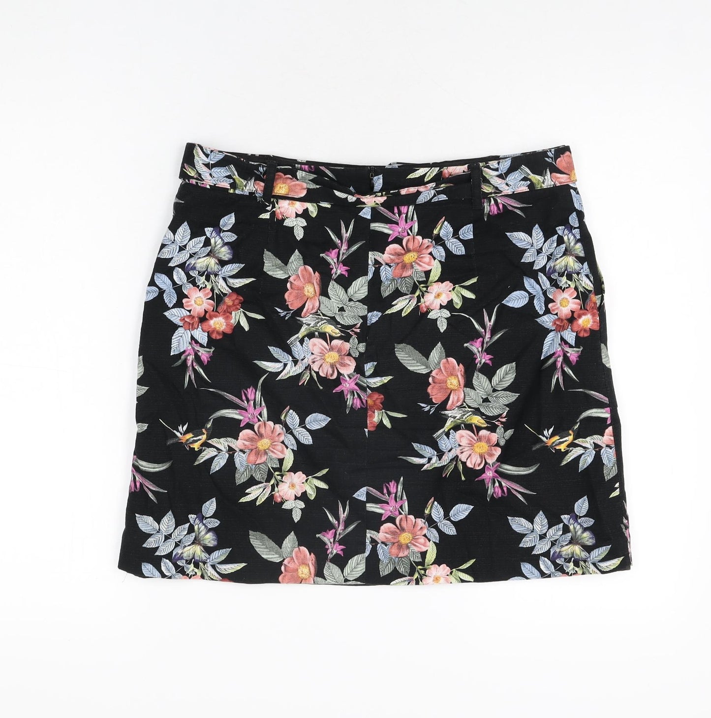 Oasis Womens Black Floral Cotton Mini Skirt Size 12 Zip - Belted