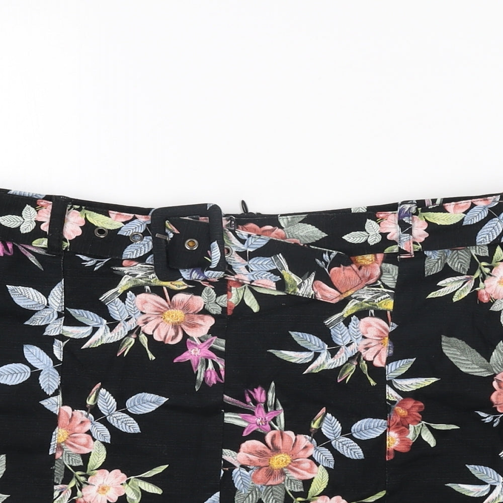 Oasis Womens Black Floral Cotton Mini Skirt Size 12 Zip - Belted