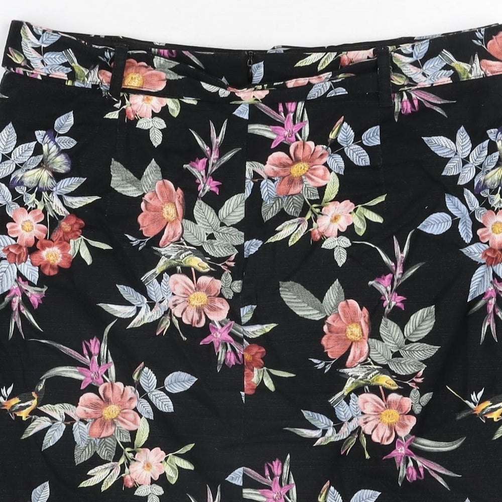 Oasis Womens Black Floral Cotton Mini Skirt Size 12 Zip - Belted