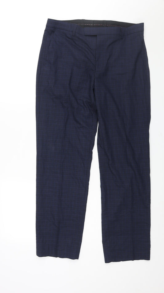 Marks and Spencer Mens Blue Check Polyester Trousers Size 34 in L31 in Regular Zip