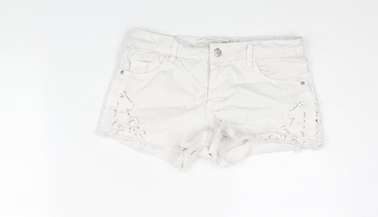 Zara Womens White Cotton Cut-Off Shorts Size 8 Regular Zip - Lace Detail