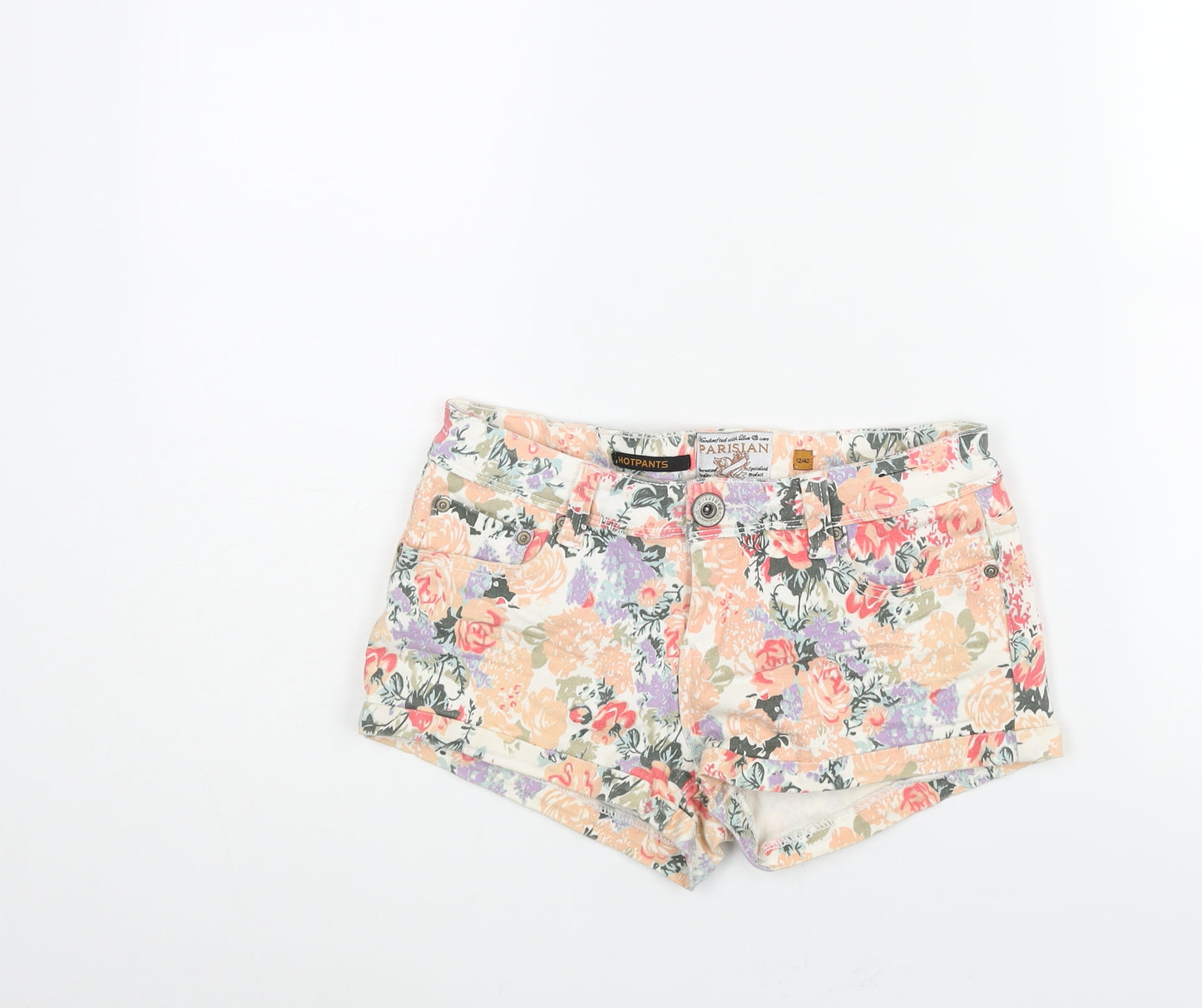 Parisian Womens Multicoloured Floral Cotton Hot Pants Shorts Size 12 Regular Zip