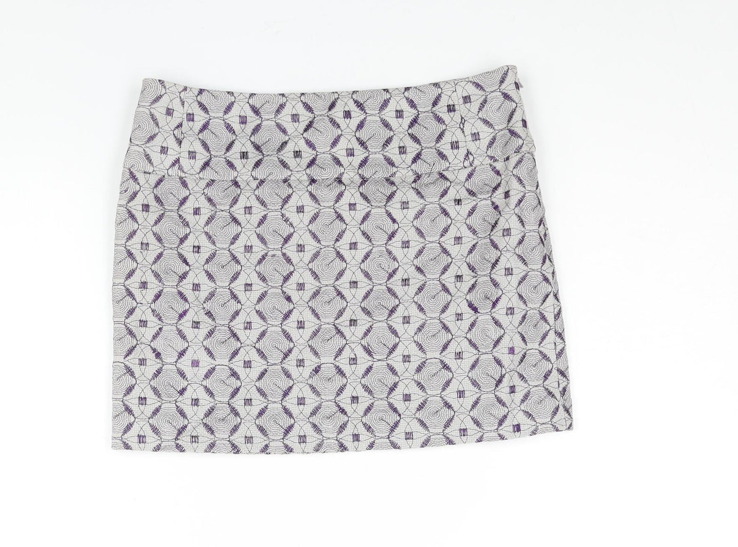 Pringle of Scotland Womens Grey Geometric Linen Mini Skirt Size 6 Zip - Embroidered