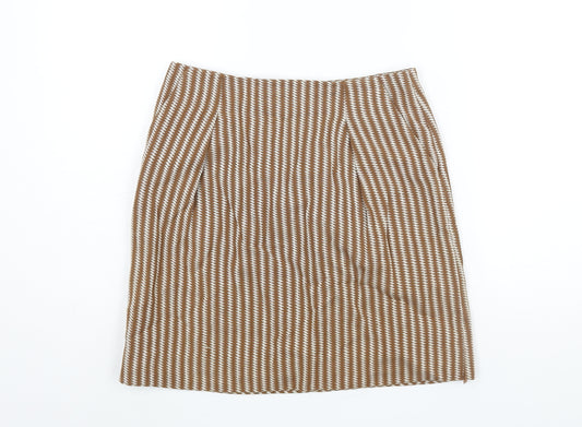 People Tree Womens Brown Geometric Cotton A-Line Skirt Size 10 Zip