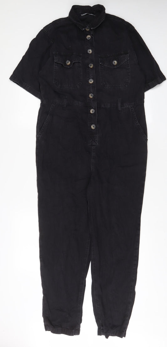 Denim & Co. Womens Black Cotton Jumpsuit One-Piece Size 12 L27 in Button