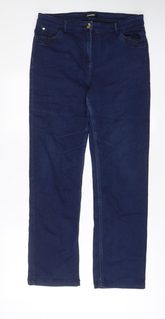 Marks and Spencer Womens Blue Cotton Straight Jeans Size 14 L30 in Regular Zip - Studded