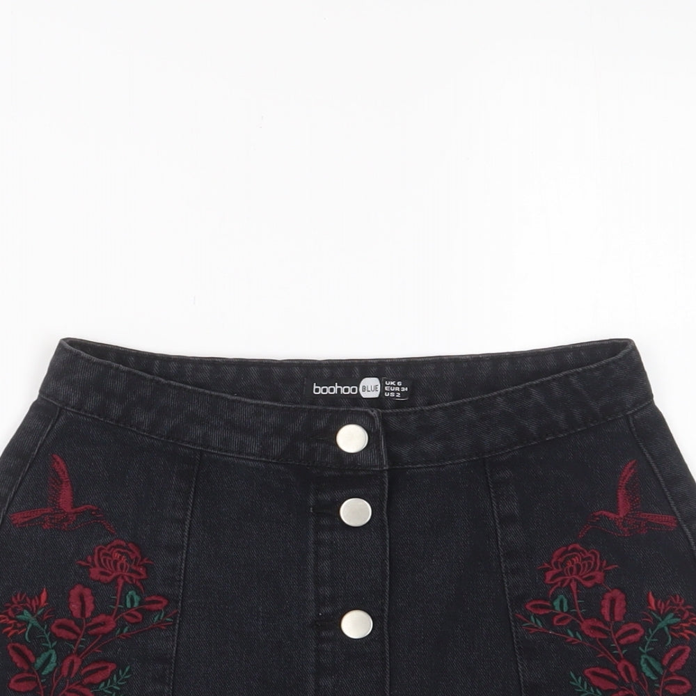 Boohoo Womens Black Floral Cotton A-Line Skirt Size 6 Zip - Embroidered