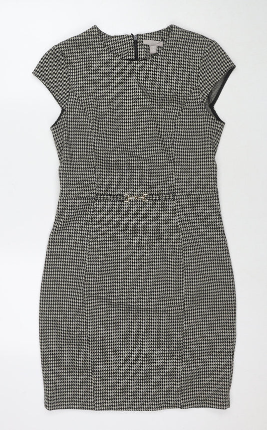 H&M Womens Black Houndstooth Polyester A-Line Size 10 Round Neck Zip