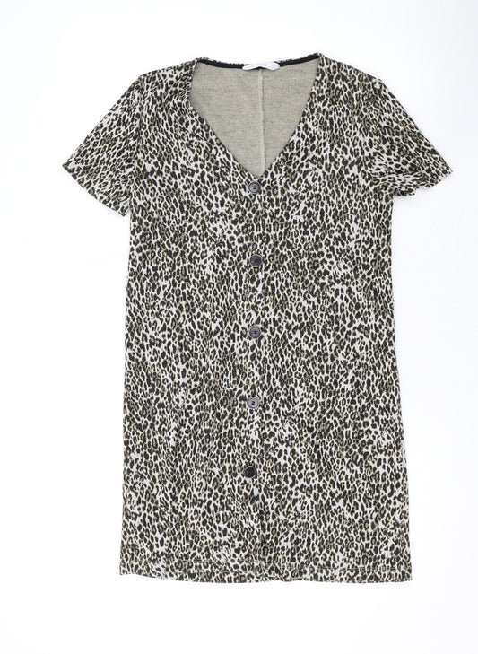 Mango Womens Brown Animal Print Polyester T-Shirt Dress Size S V-Neck Button