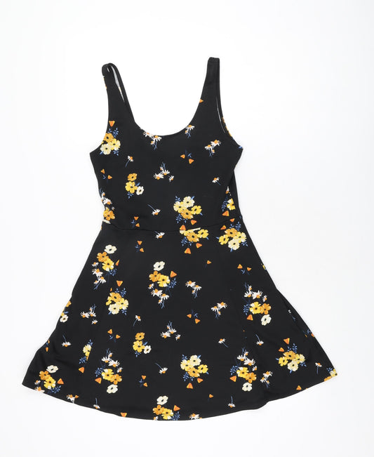 H&M` Womens Black Floral Polyester Skater Dress Size 8 Scoop Neck Pullover