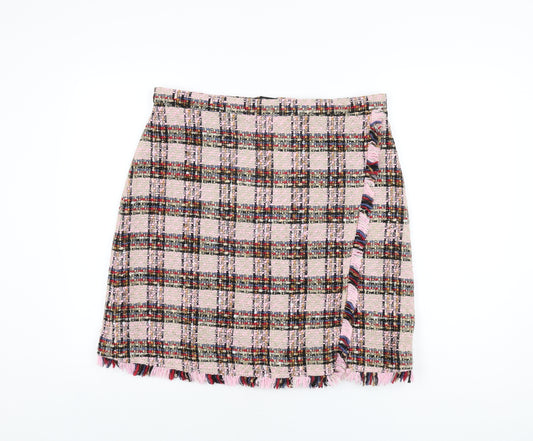 Marks and Spencer Womens Pink Plaid Polyester A-Line Skirt Size 16 Zip