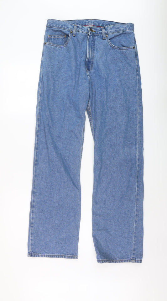 Marks and Spencer Mens Blue Cotton Straight Jeans Size 32 in L31 in Regular Button