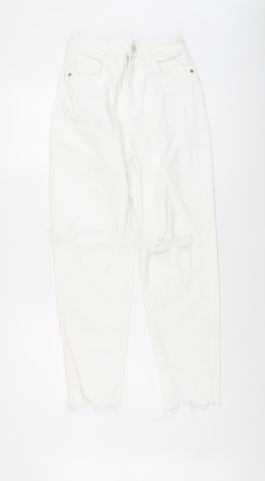 Zara Womens White Cotton Mom Jeans Size 6 L27 in Regular Button