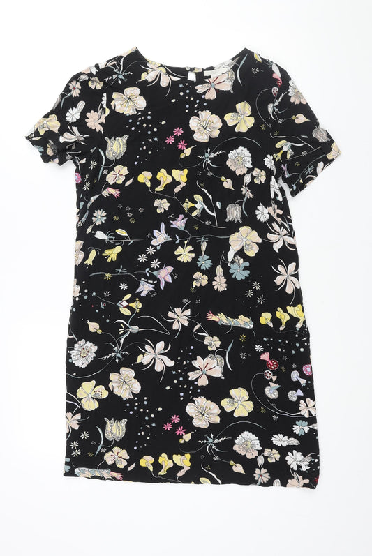 H&M Womens Black Geometric Viscose Shift Size 8 Round Neck Button - Floral Print