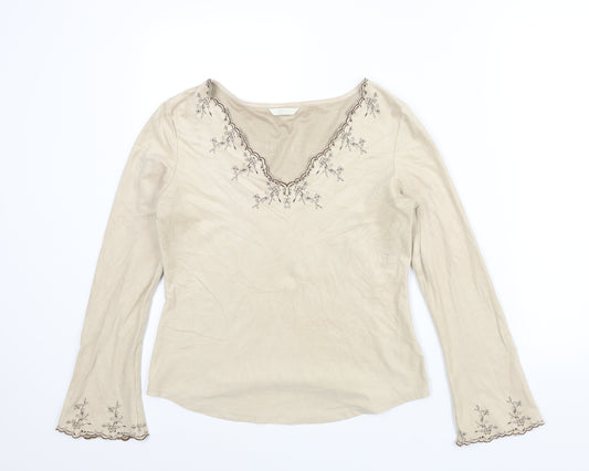 Marks and Spencer Womens Beige Polyester Basic Blouse Size 12 V-Neck - Embroidered Detail