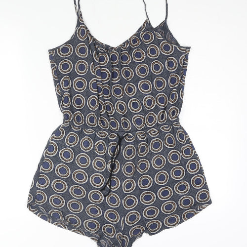 H&M Womens Blue Geometric Viscose Playsuit One-Piece Size S Pullover - Drawstring Waist