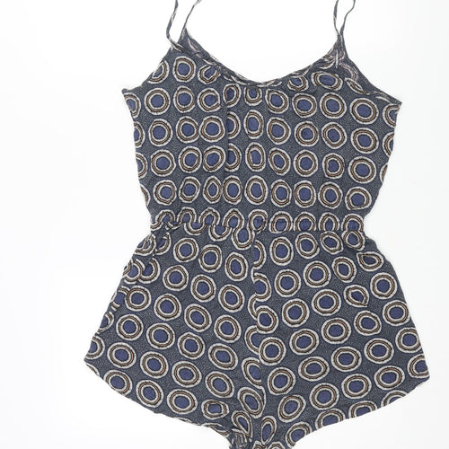 H&M Womens Blue Geometric Viscose Playsuit One-Piece Size S Pullover - Drawstring Waist