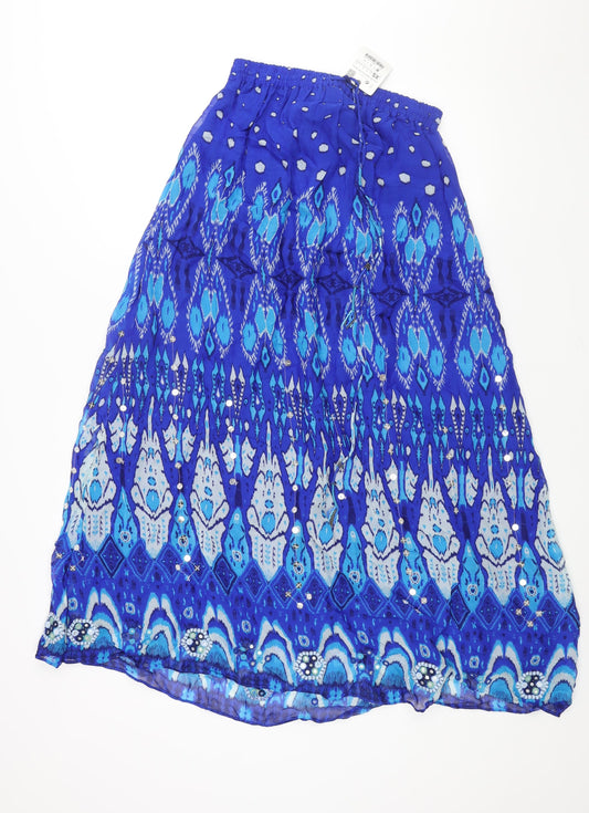 Zara Womens Blue Geometric Polyester Peasant Skirt Size XS Drawstring - Sequin Detail