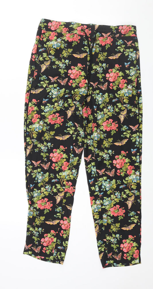 Oasis Womens Black Floral Polyester Trousers Size 14 L28 in Regular Drawstring