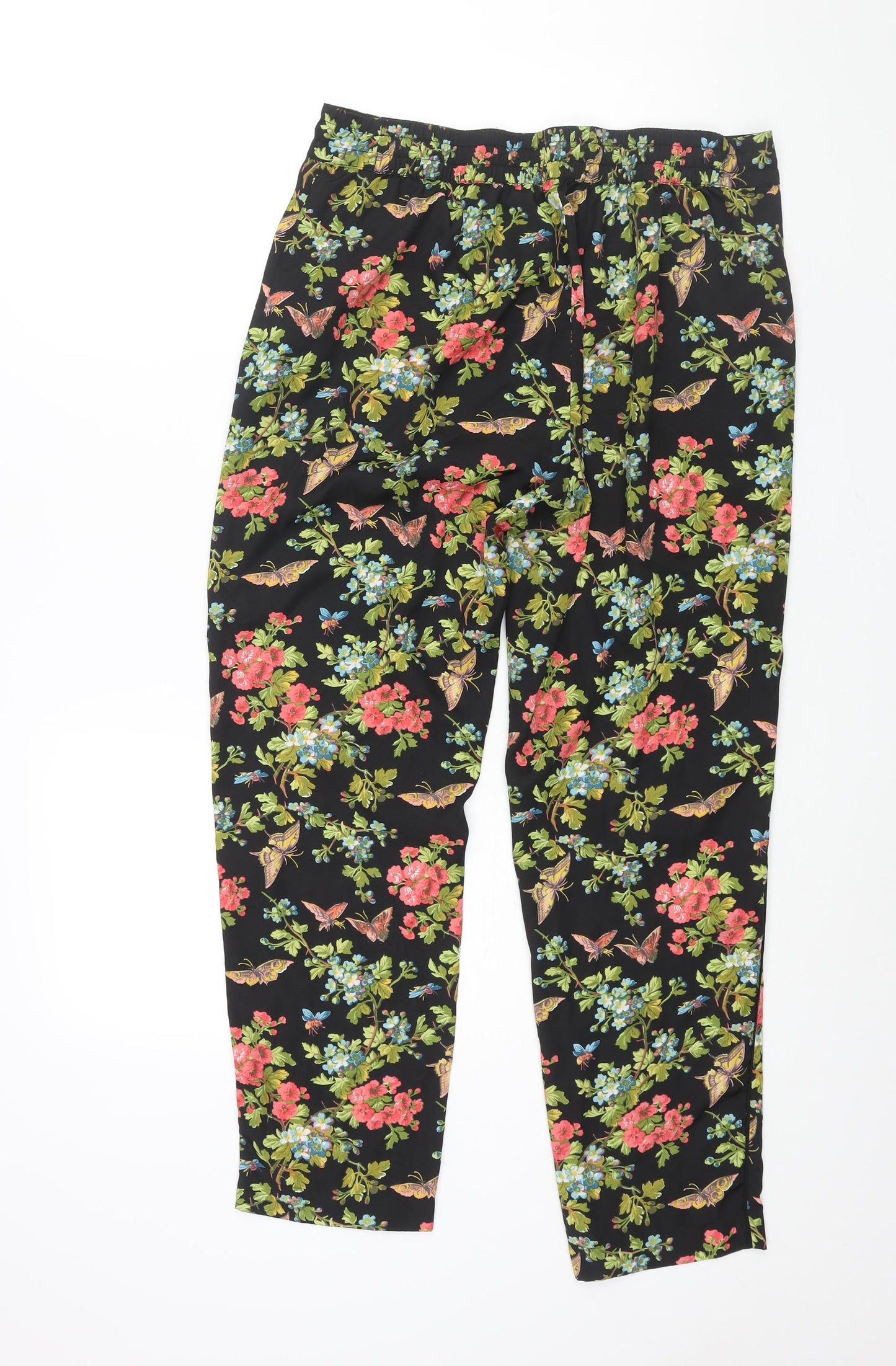 Oasis Womens Black Floral Polyester Trousers Size 14 L28 in Regular Drawstring