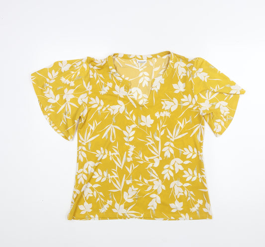 Damart Womens Yellow Floral Polyester Basic Blouse Size 10 V-Neck - Size 10-12