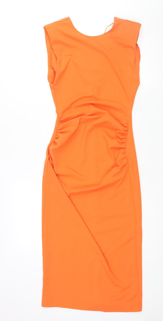 Zara Womens Orange Polyester Pencil Dress Size S Round Neck Pullover - Shoulder Pads Rouched