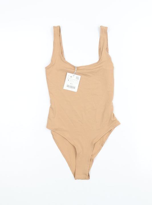 Zara Womens Beige Nylon Bodysuit One-Piece Size S Snap