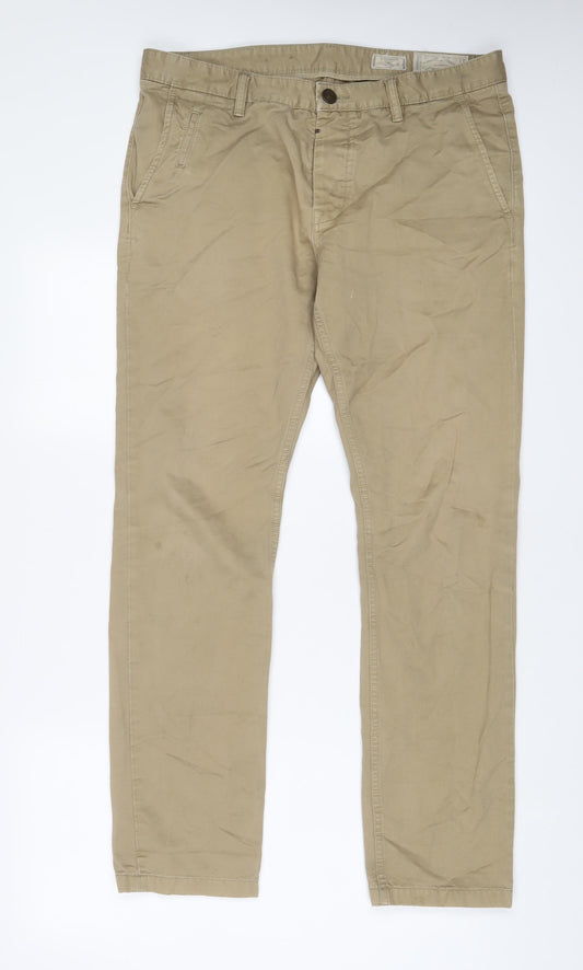 AllSaints Mens Beige Cotton Chino Trousers Size 34 in L31 in Slim Zip