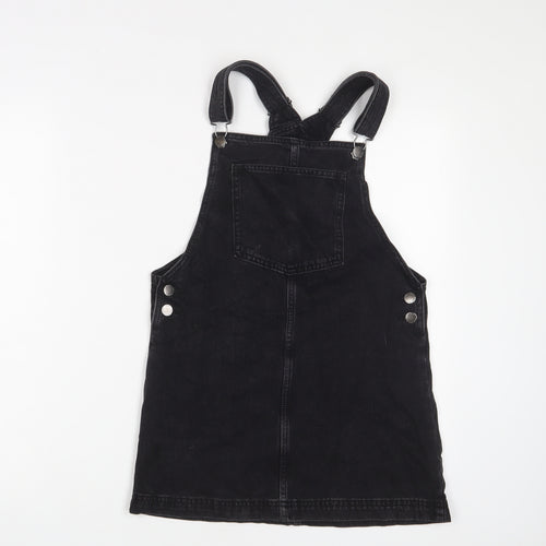 NEXT Girls Black Cotton Pinafore/Dungaree Dress Size 10 Years Square Neck Button