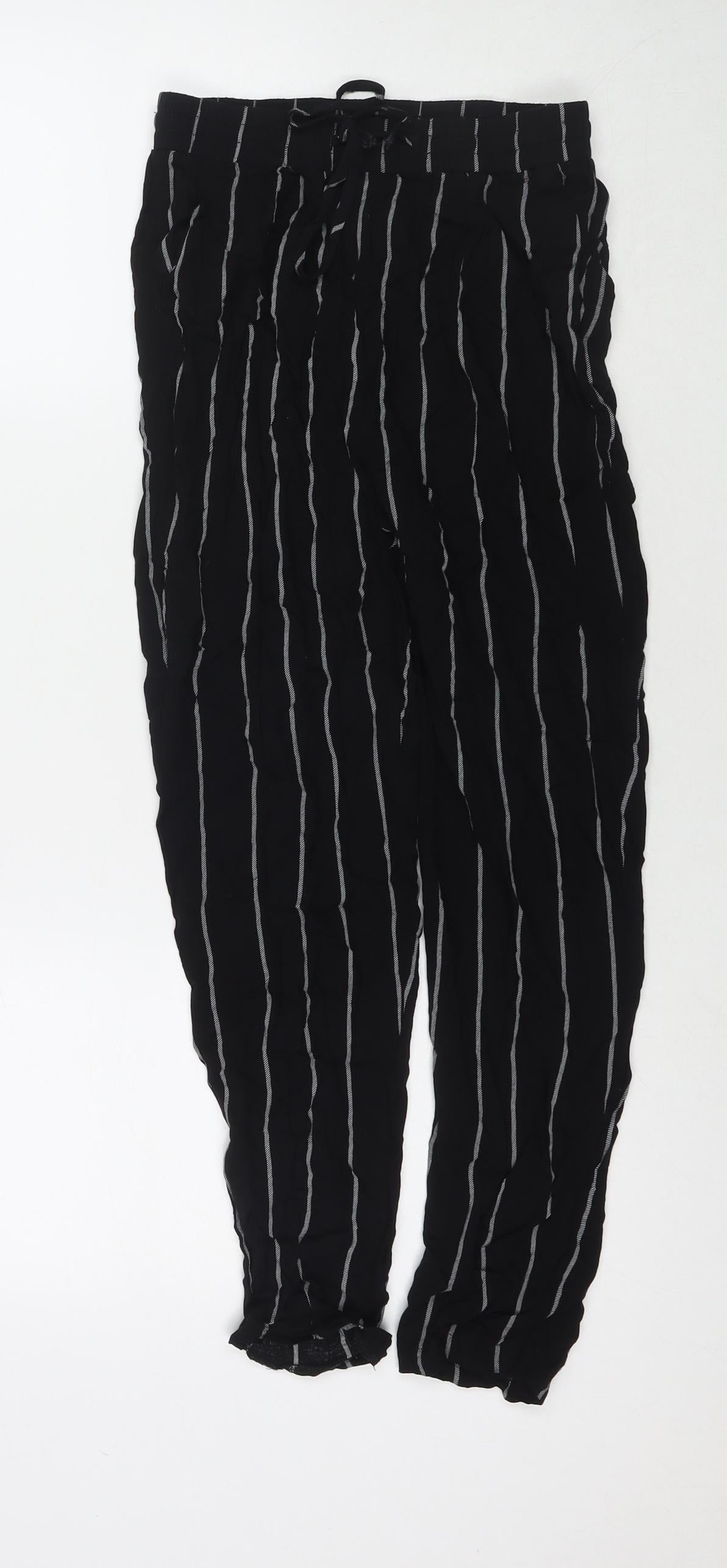 PRETTYLITTLETHING Womens Black Striped Polyester Trousers Size 8 L22 in Regular Drawstring