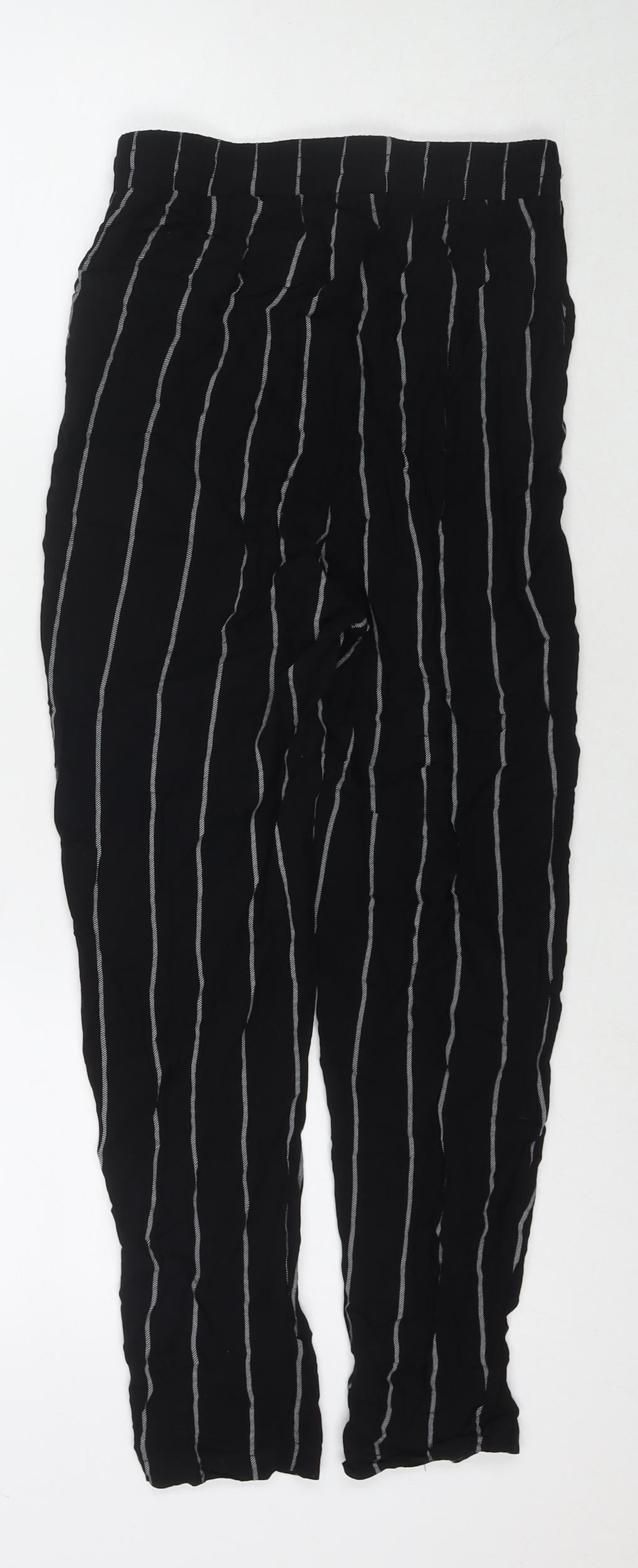 PRETTYLITTLETHING Womens Black Striped Polyester Trousers Size 8 L22 in Regular Drawstring