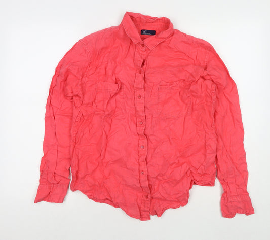 Gap Womens Red Linen Basic Button-Up Size L Collared