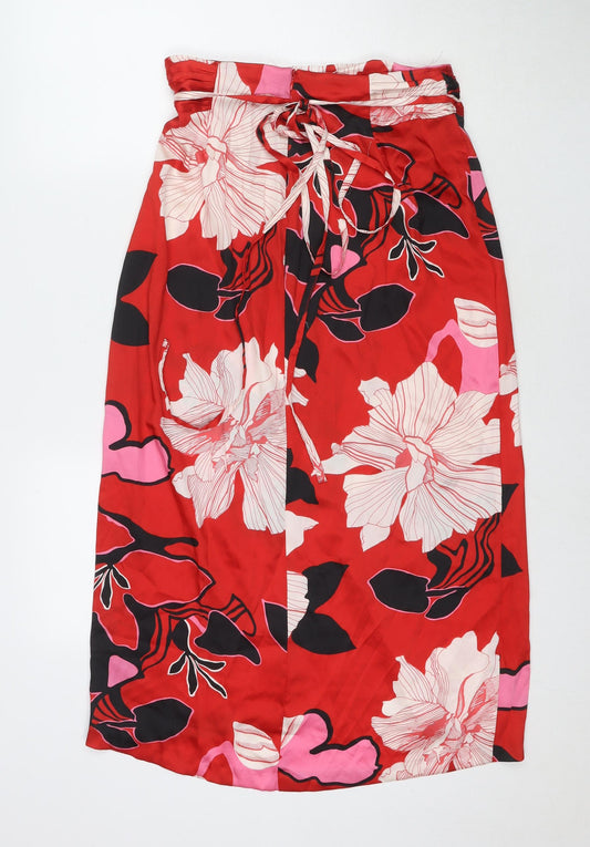 Zara Womens Red Floral Polyester Wrap Skirt Size M Zip