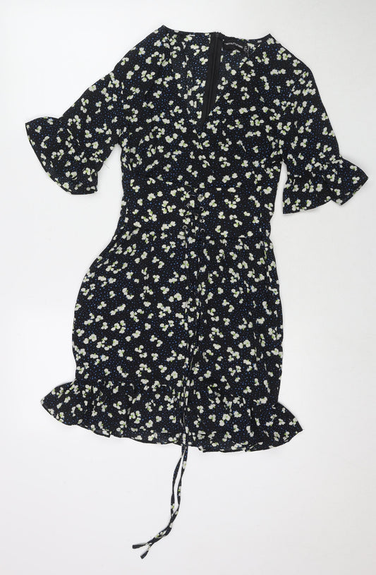 PRETTYLITTLETHING Womens Black Floral Polyester Fit & Flare Size 8 V-Neck Zip