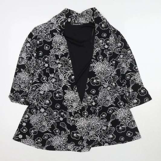 Bonmarché Womens Black Floral Polyester Basic Blouse Size 10 Round Neck - Cardigan Effect