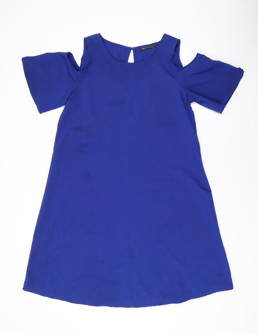 Marks and Spencer Womens Blue Polyester A-Line Size 10 Round Neck Button