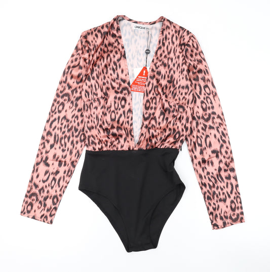 Unique 21 Womens Pink Animal Print Polyester Bodysuit One-Piece Size 8 L10 in Snap