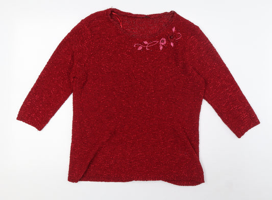 BM Womens Red Scoop Neck Polyester Pullover Jumper Size L - Embroidery