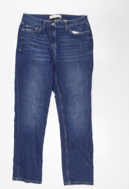 Marks and Spencer Womens Blue Cotton Straight Jeans Size 14 L30 in Regular Zip - High Rise